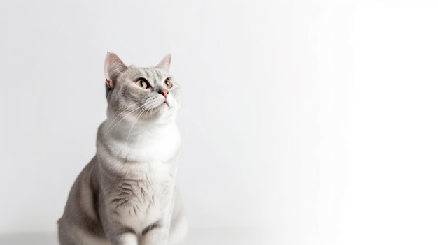Un gato mirando hacia arriba con un fondo blanco.