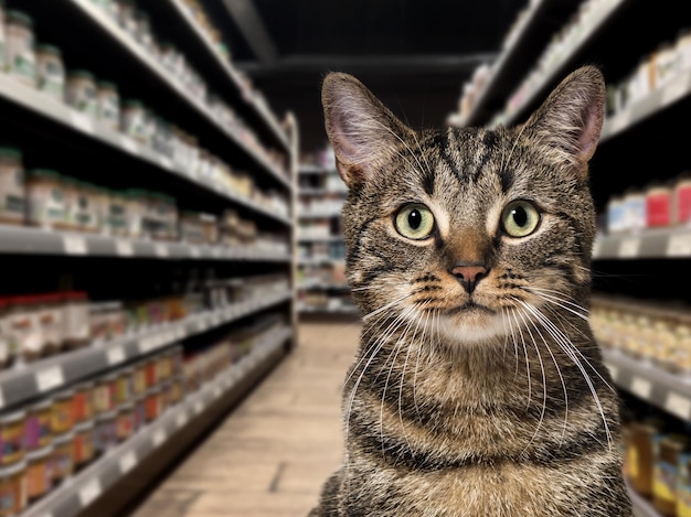 Gato mirando a la cámara delante y en medio de un estante de comida en un supermercado de mascotas El fondo es borroso y oscuro