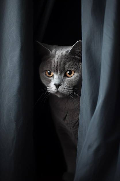 Foto un gato está mirando por una cortina.