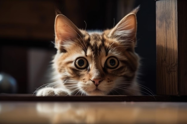 Un gato mirando por encima de una mesa con una computadora portátil en ella IA generativa