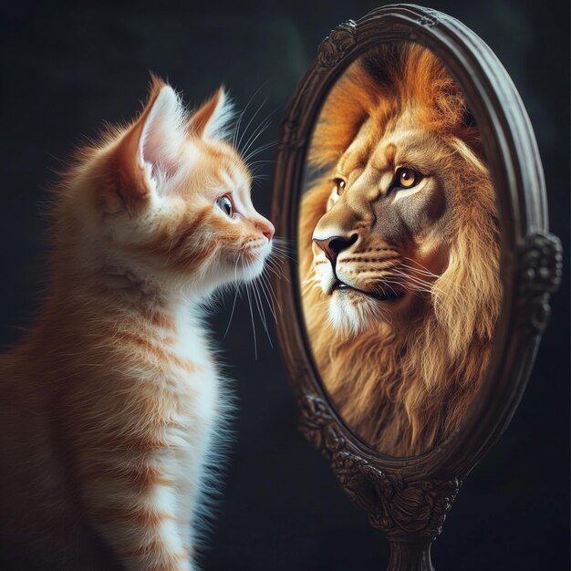 Un gato mirando en un espejo con un león en la parte delantera | Imagen  Premium generada con IA