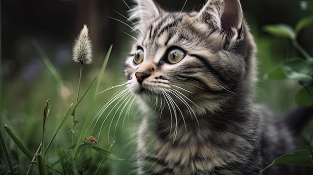 Un gato mirando una hierba.