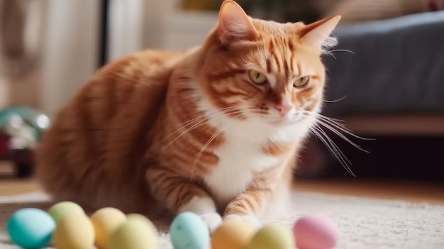 Un gato mirando un juguete de huevos de Pascua.