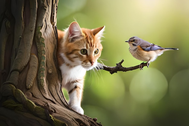 Un gato mirando a un pájaro en la rama de un árbol.