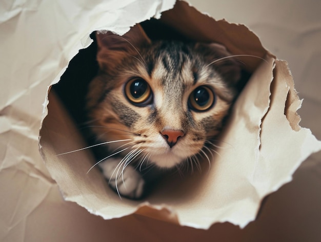 El gato mirando desde el papel marrón