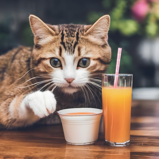 Foto un gato está mirando una taza de jugo de naranja