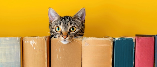 Foto gato mirando a través de los libros tema de curiosidad