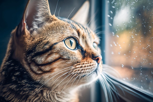 Un gato mirando por la ventana con gotas de lluvia en el cristal.