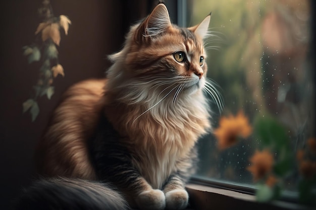 Foto un gato mirando por la ventana con el sol brillando sobre él.