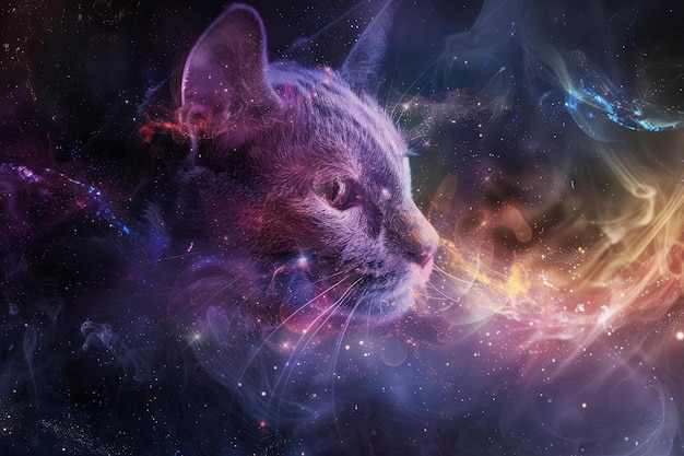 Gato místico fusionado con un fondo cósmico vibrante