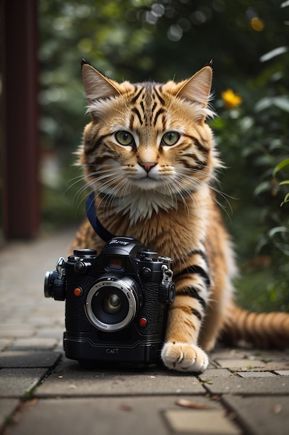 Foto un gato con una mochila y una cámara