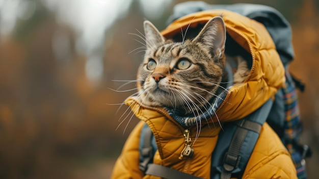 Un gato con un mochilero en la naturaleza