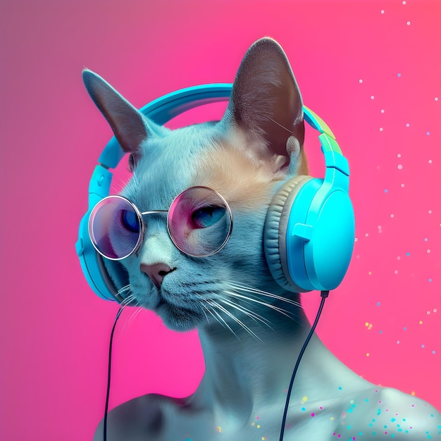 Gato de moda con auriculares música gato antropomórfico luces de neón