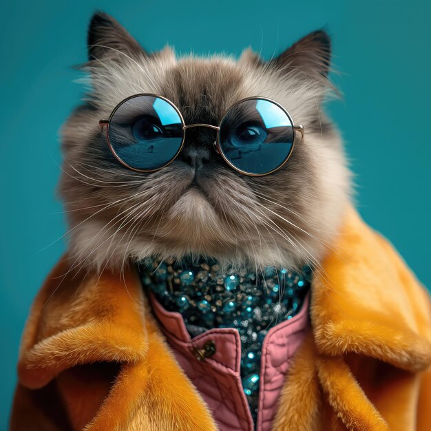 Foto gato de moda con gafas de sol y abrigo de piel sobre un fondo azul