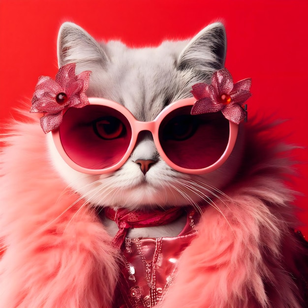 Foto gato de moda con gafas de sol de fondo rojo