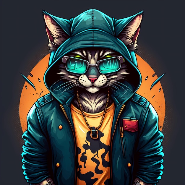 Gato moderno y genial con chaqueta con capucha y diseño de camiseta con anteojos