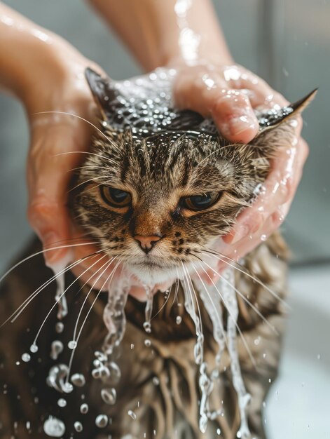 Foto el gato mojado cómico tomando un baño