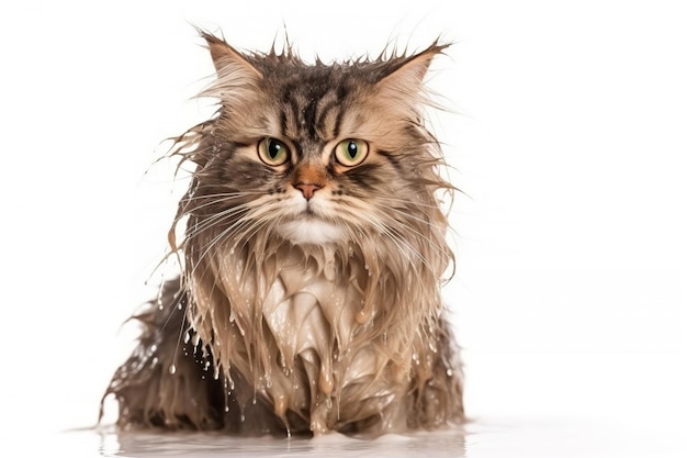 Gato molhado isolado em branco