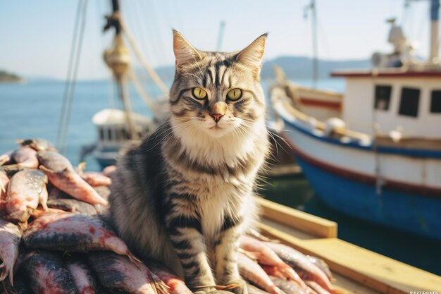 Gato Mongrel tabby senta-se em uma captura fresca de frutos do mar no porto