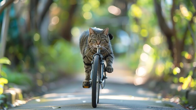 Foto un gato montando una bicicleta por un camino arbolado el gato está en el centro de la imagen y está mirando a la cámara