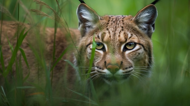 Un gato montés en la hierba del bosque.