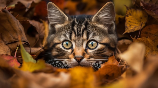 Un gato en un montón de hojas de otoño.