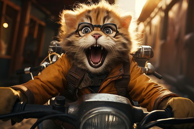 Foto un gato motociclista un gato en una motocicleta a una velocidad frenética con una expresión de deleite corriendo por una calle de la ciudad por la noche generación de ia