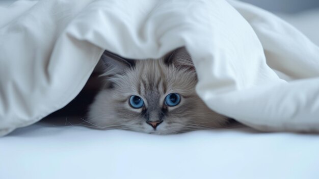 Un gato de muñecas de trapo con ojos azules mira desde debajo de una manta blanca