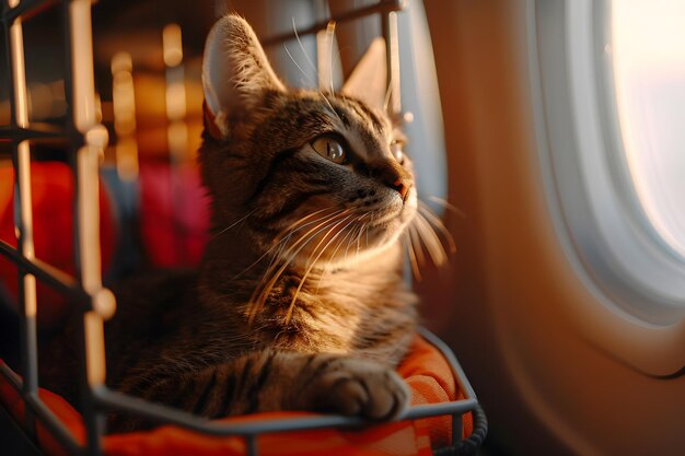 Gato na cabine do avião em Sunset Generative AI