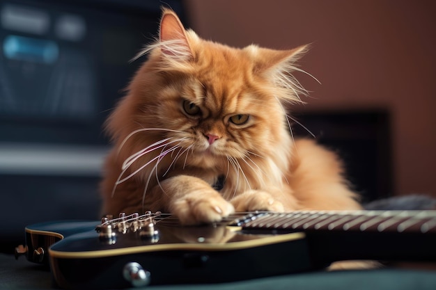 Gato na guitarra elétrica tocando música de sucesso criada com IA generativa