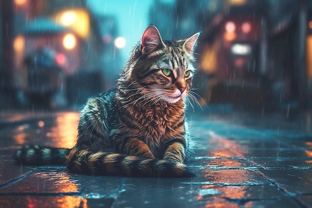 gato na rua à noite sob chuva carro semáforo e passeio pedestre