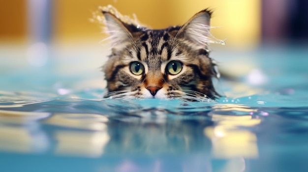 un gato nada en el agua con el reflejo de sus ojos.