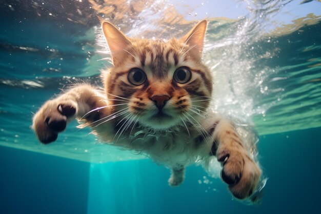 El gato nada bajo el agua.