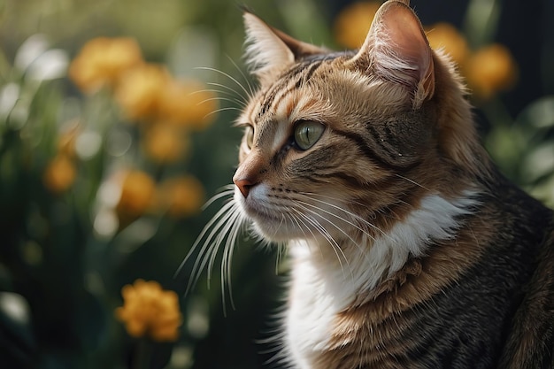 Un gato naranja y blanco está de pie en tablas de madera proyectando una sombra en la luz del sol con un fondo suavemente enfocado con muebles al aire libre