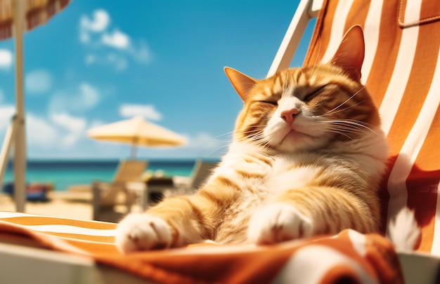 Un gato naranja y blanco se relaja en una silla de playa