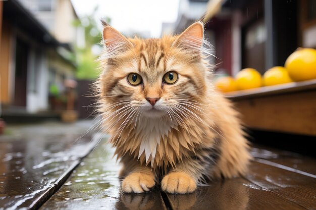 un gato naranja y blanco sentado en un piso de madera