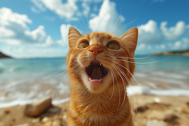 Un gato naranja bostezando en la playa