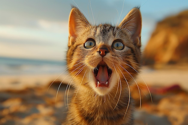 Foto un gato naranja bostezando en la playa