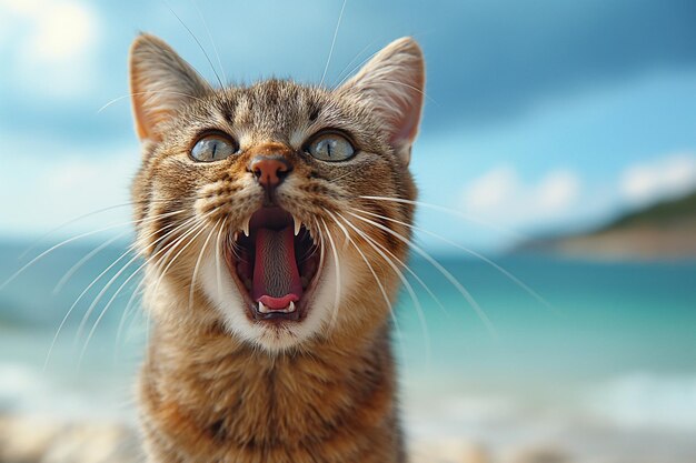 Un gato naranja bostezando en la playa