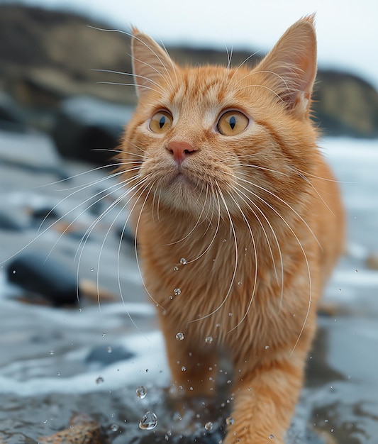 Un gato naranja caminando por la playa en un hermoso día soleado un día pacífico de guijarros