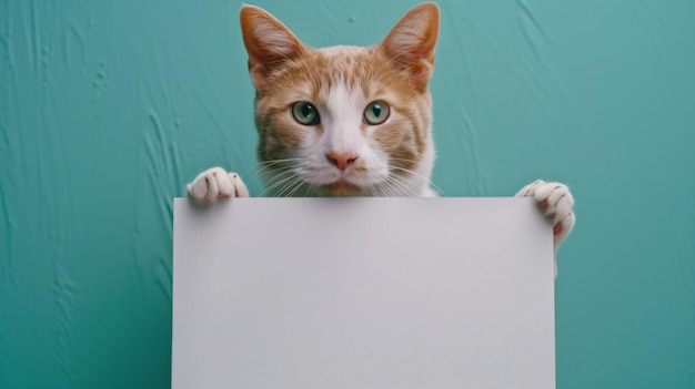 Foto un gato naranja curioso mirando un letrero en blanco contra un fondo azul azulado