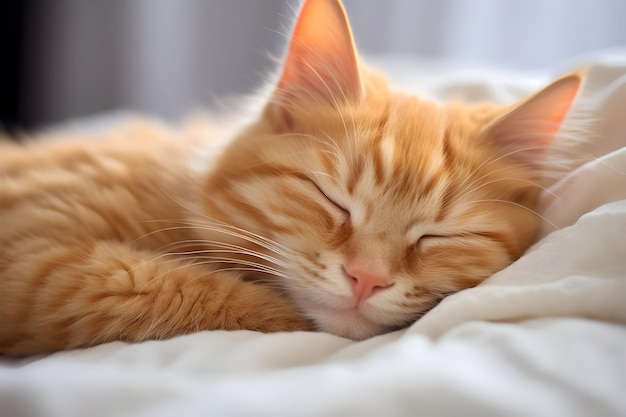 Foto gato naranja durmiendo en una cama blanca