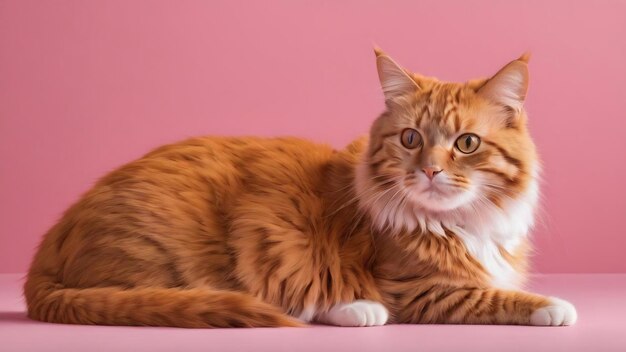 Gato naranja en un espacio vacío de fondo rosa