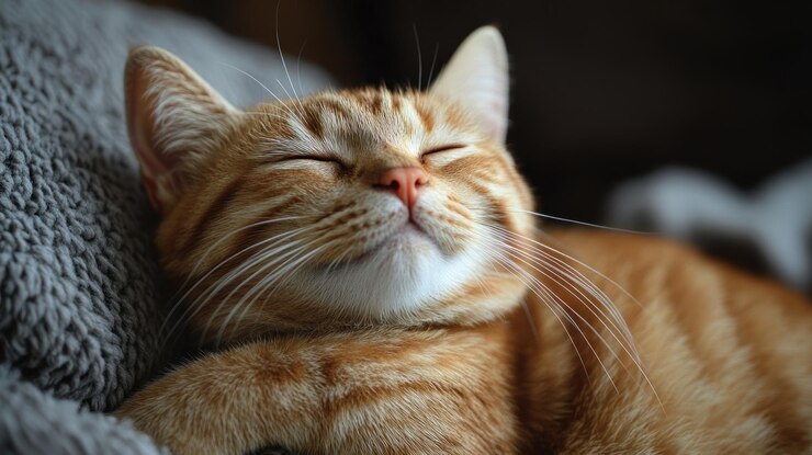 Un gato naranja relajado durmiendo pacíficamente en una superficie acogedora