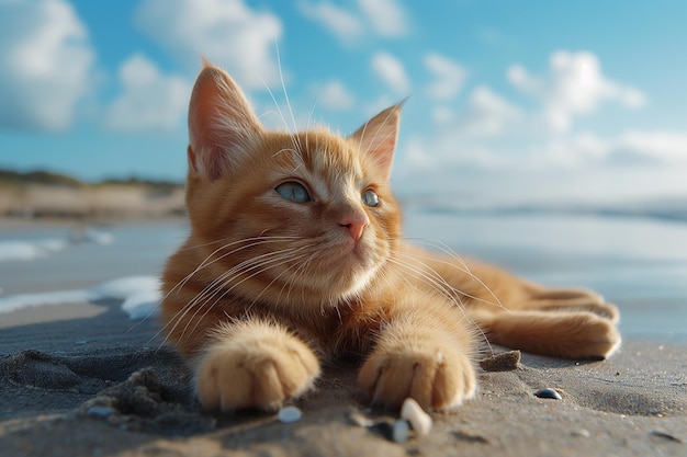 Gato naranja relajándose al sol en la playa en verano