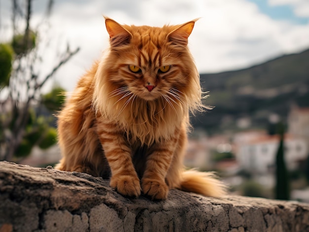 un gato naranja sentado en una pared