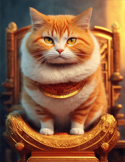 Gato naranja sentado en un trono con un collar de oro