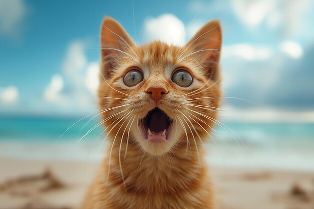 Un gato naranja sorpresa yawing felino en la playa en la arena