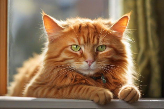 Un gato naranja vibrante con ojos verdes penetrantes descansando en un alféizar de la ventana tomando el sol cálido