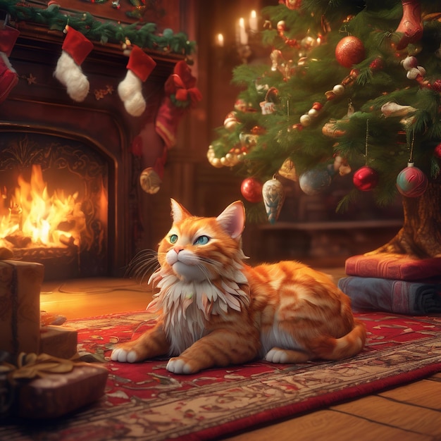 gato de navidad en el fondo de una chimenea